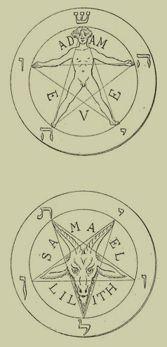 Illustration zweier mystischer Siegel, oben mit einem menschlichen Umriss in einem F&uuml;nfstern innerhalb eines Kreises und unten ein Bockkopf, umgeben von Sternsymbolen innerhalb eines Kreises. Die Darstellungen inkludieren Hebr&auml;ische Schrift.