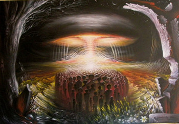 Ein surreales Gem&auml;lde zeigt eine Szene unter einem gew&ouml;lbten, dunklen Himmel, der durch ein helles, stern&auml;hnliches Licht beleuchtet wird. Eine gro&szlig;e Gruppe von Figuren steht gemeinsam in einem Feld, umgeben von nat&uuml;rlicher Vegetation und einigen gebrochenen &Auml;sten. Das Licht scheint eine spezielle Bedeutung zu haben, da es zentral und strahlenf&ouml;rmig &uuml;ber den Figuren platziert ist.