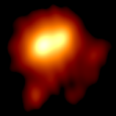 Grafische Darstellung eines leuchtenden astronomischen Objekts, das in warmen Gelb- und Rott&ouml;nen strahlt, vor einem schwarzen Hintergrund.