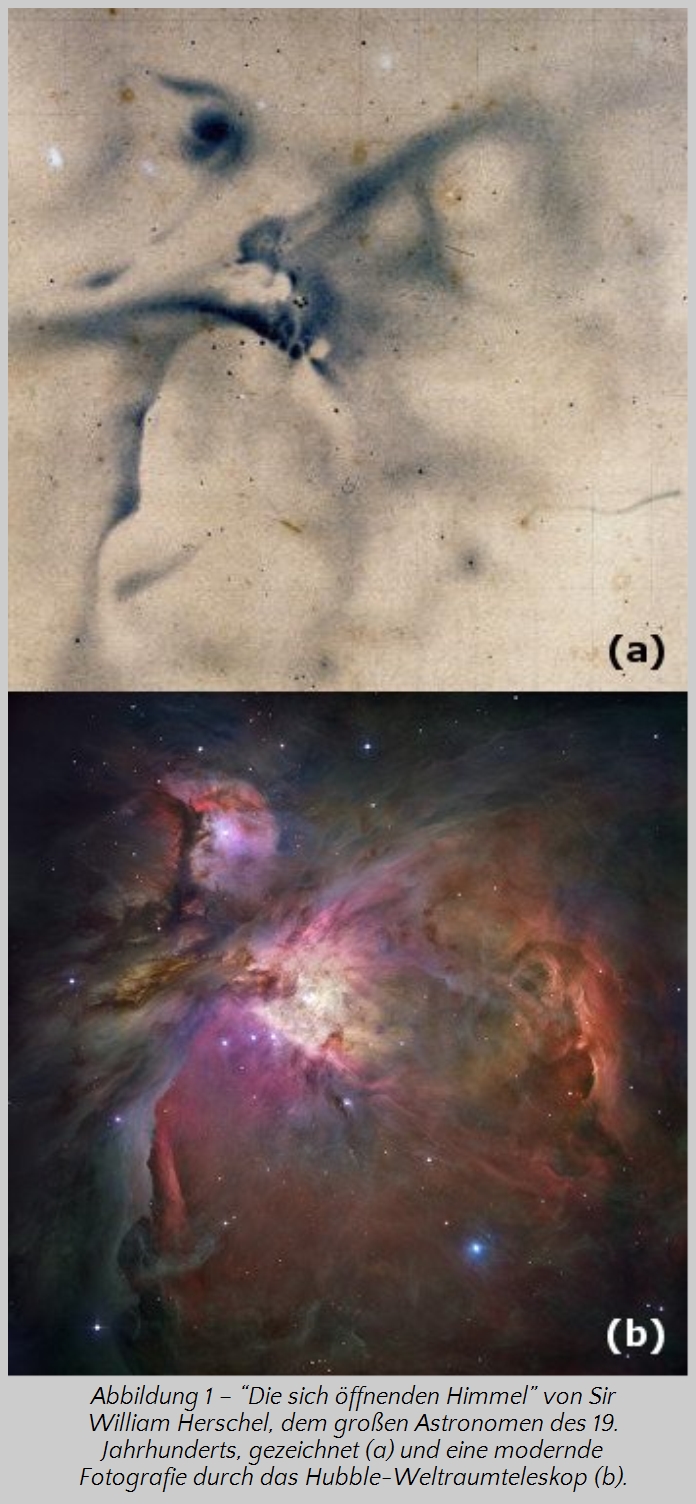 Zwei Bilder, die den kosmischen Raum darstellen. Das erste Bild (a) zeigt eine historische astronomische Zeichnung von dunklen und hellen Flecken, die einem Mazzaroth-Muster &auml;hneln, erstellt von Sir William Herschel. Das zweite Bild (b) ist eine farbenreiche Hubble-Weltraumteleskop-Aufnahme eines Nebels mit lebhaft roten, blauen und violetten Farbt&ouml;nen, sowie Sternenstaub, die eine dynamische kosmische Szenerie zeigen.