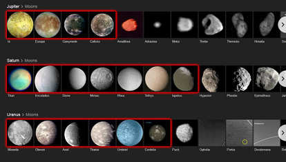 Wissenschaftliche Darstellung von Monden dreier gro&szlig;er Planeten des Mazzaroths, einschlie&szlig;lich dreifarbiger Bilder von Io, Europa, Ganymed und anderen. Die &uuml;bersichtlich pr&auml;sentierten Bilddaten zeigen Unterschiede in Farbe und Oberfl&auml;chenbeschaffenheit, gruppiert nach ihren jeweiligen Planeten: Jupiter, Saturn und Uranus.