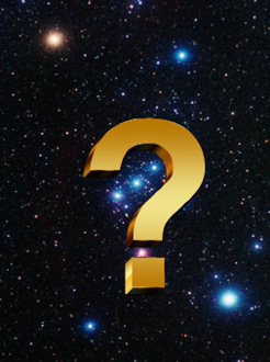 Ein goldenes Fragezeichen schwebt vor einem Hintergrund funkelnder Sterne im Weltraum, was auf das Mysterium der Himmelsk&ouml;rper hindeutet.