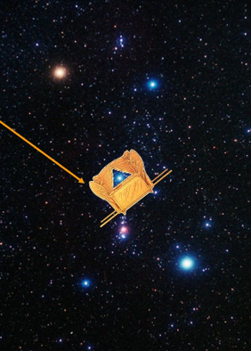 Ein grafisches Bild zeigt ein goldenes Objekt, das einem Pfeil &auml;hnelt, der durch den n&auml;chtlichen Sternenhimmel fliegt, umgeben von zahlreichen Sternen und galaktischen Formationen.
