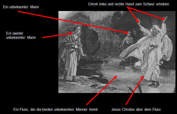 Eine historische Darstellung mit vier Figuren an einem Fluss. Links kniet eine Person im Gewand am Ufer des Flusses. Am gegen&uuml;berliegenden Ufer stehen zwei Gestalten: in der Mitte Jesus Christus, erkennbar an einer erhobenen Hand wie im Schwur, und daneben ein weiterer unbekannter Mann. Jesus und der Mann am linken Ufer sind durch eine Blicklinie verbunden.