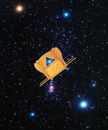 Ein goldfarbenes Symbol, das einem Buch oder einem Gef&auml;&szlig; &auml;hnelt, mit blauem Zentrum schwebt vor einem Sternenhintergrund, der zahlreiche Sterne und ferne Galaxien zeigt.