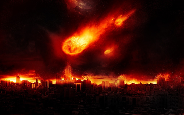 Eine futuristische Darstellung einer Stadt bei D&auml;mmerung mit intensiven, feurigen Himmelserscheinungen, die an leuchtende Nebelformationen im Weltall erinnern.