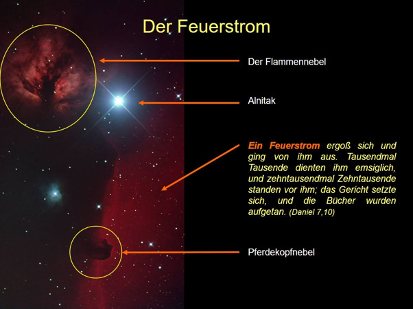 Ein astronomisches Bild, das mehrere markante Weltraumobjekte zeigt, unter anderem den Flammennebel und den Pferdekopfnebel. Helle Sterne darunter mit Alnitak markiert. Ein Zitat aus Daniel 7,10 beschreibt eine Szene intensiver Macht und Majest&auml;t im Sch&ouml;pfungskontext, ohne Verweis auf Mazzaroth.