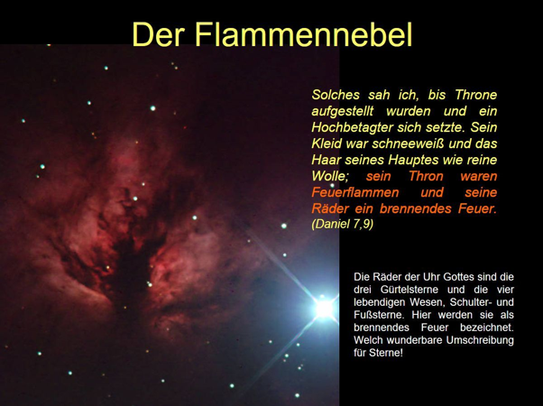 Astronomische Darstellung des Flammennebels, begleitet von Textausz&uuml;gen aus dem Buch Daniel, die himmlische Szenen beschreiben. Leuchtende Gaswolken in Rot- und Violettt&ouml;nen mit Sternen, die das Bild punktieren.
