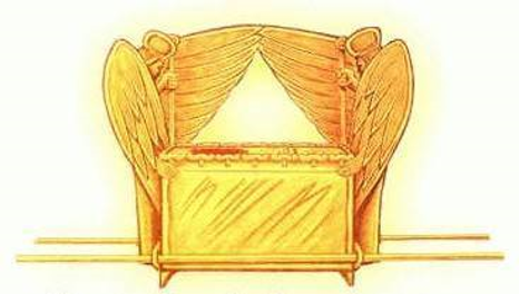 Illustration einer antik gestalteten, goldenen Bundeslade mit zwei ausgestreckten, federartigen Fl&uuml;geln an beiden Seiten und Strahlen, die den Hintergrund erhellen.