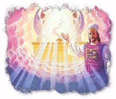 Illustration eines biblischen Hohepriesters in traditioneller Kleidung, der vor einem leuchtenden, kosmischen Hintergrund steht, der an Sternencluster und Nebel erinnert, mit einem sanften wei&szlig;en Lichtstrahl, der sich hinter ihm erstreckt.