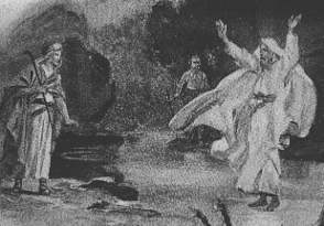 Historische Zeichnung einer mythischen Szene im Freien bei Nacht, in der sich ein b&auml;rtiger Mann und zwei gestikulierende Figuren in langen Gew&auml;ndern unter den Sternen des Mazzaroth befinden.
