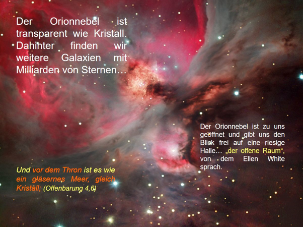 Das Bild zeigt den Nebel im Sternbild bekannt aus der Mazzaroth, umgeben von einem dynamischen Farbspiel in Rot- und Rosat&ouml;nen, mit verstreuten Lichtpunkten, die weit entfernte Sterne darstellen. Biblische Zitate &uuml;ber das himmlische Aussehen sind &uuml;ber das Bild verteilt.