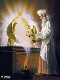 Ein biblisches Gem&auml;lde zeigt einen &auml;lteren Mann mit wei&szlig;em Bart und traditioneller Kleidung, der vor einem Altar steht. &Uuml;ber dem Altar erscheint eine leuchtende, goldene Darstellung eines Engels mit ausgestreckten Fl&uuml;geln und einem kleinen Kind. Hinter dem Altar ist ein kleines Feuer zu sehen.