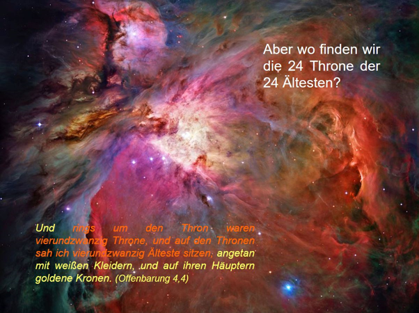 Eine farbenpr&auml;chtige kosmische Wolke mit unterschiedlichen T&ouml;nen von Rot, Rosa, Violett und Blau str&ouml;mt durcheinander und bildet komplexe und verschwommene Strukturen. Im Hintergrund befindet sich ein deutscher Text mit theologischen Bez&uuml;gen aus der Offenbarung, der sich auf 24 Throne und &Auml;lteste bezieht.