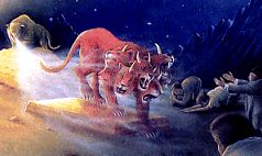Illustration eines roten L&ouml;wen mit drei K&ouml;pfen, der auf einem steinigen Plateau steht, gegen einen n&auml;chtlichen Himmel, unter einem Sternenbild, das in der Bibel als Mazzaroth bekannt ist.