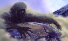Eine Darstellung einer mythischen Figur, eingeh&uuml;llt in Nebel und Dunkelheit, h&auml;lt eine Weltkugel, umgeben von einer unwirklichen, nebeligen Landschaft.