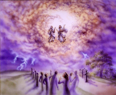 K&uuml;nstlerische Darstellung einer Versammlung von Menschen in Gew&auml;ndern, die unter einem dramatischen Himmel mit lila und goldener Wolkenformation stehen. Zwei Figuren, die wie traditionelle Boten aussehen, schweben im Zentrum &uuml;ber einem Lichtstrahl. Elektrizit&auml;t und Energie scheinen durch die Luft zu pulsieren, wobei Blitzschl&auml;ge im Hintergrund sichtbar sind.