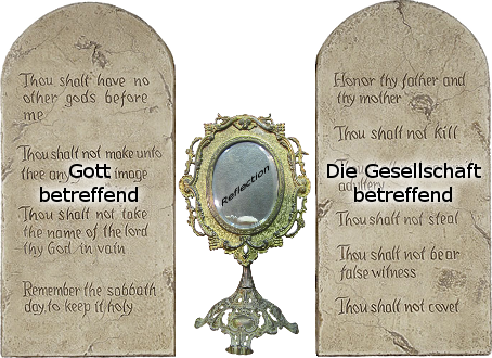 Drei Steintafeln, die die Zehn Gebote in Englisch und Deutsch darstellen, mit einer antiken Spiegelung mit adler&auml;hnlichen Verzierungen in der Mitte, die eine bl&auml;uliche Reflexion zeigt.