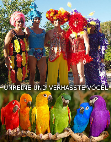 Oben ist eine Gruppe von f&uuml;nf Personen in auff&auml;lligen, farbenfrohen Kost&uuml;men, von denen jedes vom Aussehen himmlischer K&ouml;rper inspiriert scheint, die fr&ouml;hlich posieren. Unten sind sieben Papageien auf einer Stange, jeder in einer einzigartigen und lebendigen Farbe, die verschiedene Elemente des Lichtspektrums darstellen.