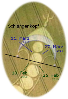 Illustration eines Sternbildes aus dem Mazzaroth, dargestellt als Schlangenkopf auf einem gr&uuml;nlichen Hintergrund mit markierten Daten: 10. und 25. Februar sowie 11. und 27. M&auml;rz 2013.