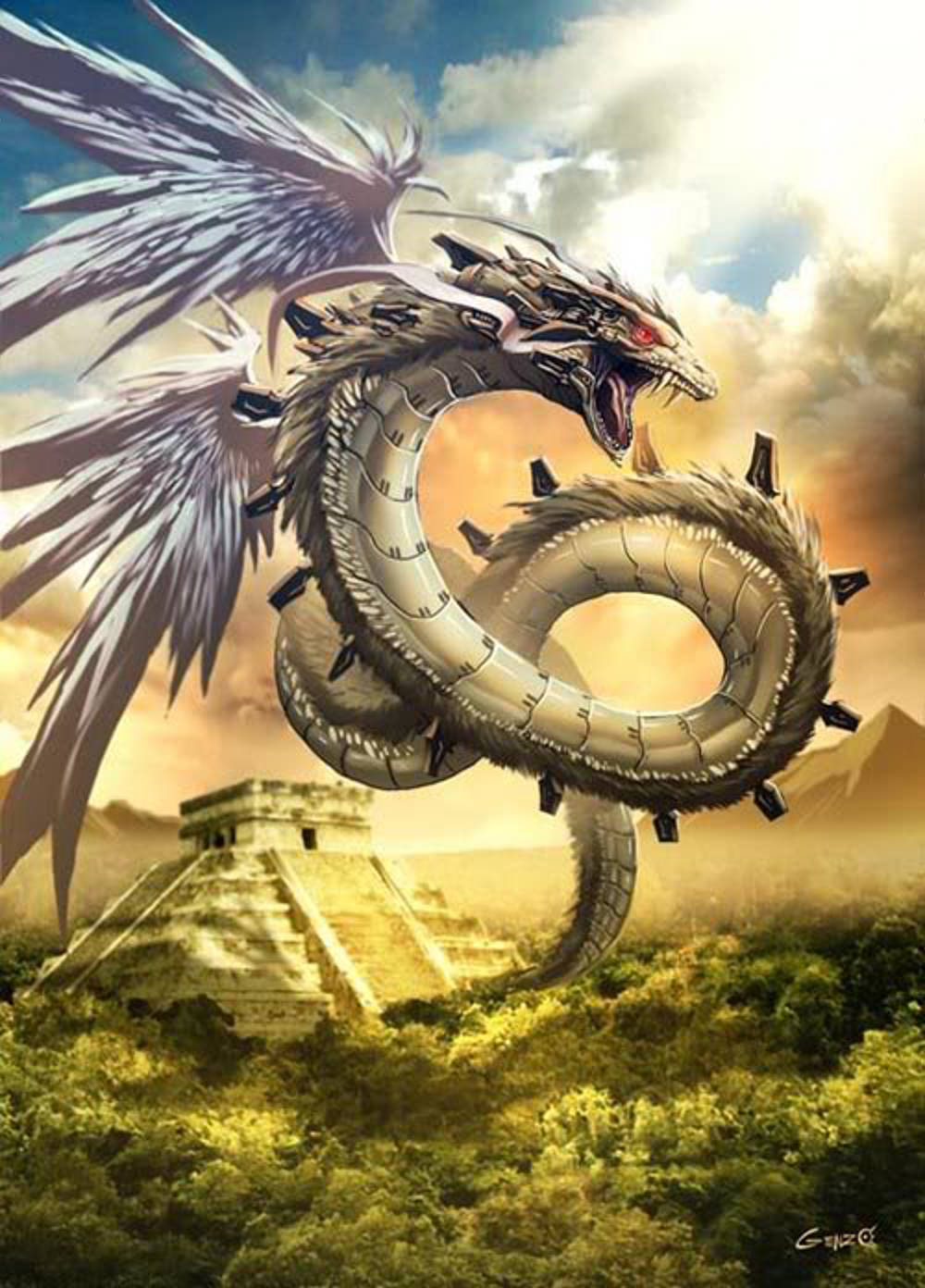 Ein mythischer Drache schwebt &uuml;ber einer antiken Pyramide in einer bewaldeten Landschaft, umgeben von Bergen und einem dramatisch beleuchteten Himmel.