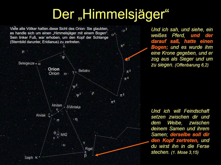 Ein Lehrbild zeigt die Sternkonstellation des Orion mit markierten Sternpositionen wie Betelgeuse und Rigel. Der Text erl&auml;utert traditionelle Ansichten sowie biblische Bez&uuml;ge auf das Bild des Himmelsj&auml;gers, der im Kampf gegen das &Uuml;bel dargestellt ist. Der obere rechte Teil enth&auml;lt zwei biblische Zitate auf Deutsch, die symbolische Interpretationen dieser Sternbilder mit Bezug auf den Kampf zwischen Gut und B&ouml;se darstellen.
