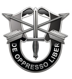 Ein Emblem, das zwei gekreuzte Pfeile unter einem Schwert zeigt, eingerahmt von Flügeln und einem ringförmigen Banner mit der Aufschrift "DE OPPRESSO LIBER".