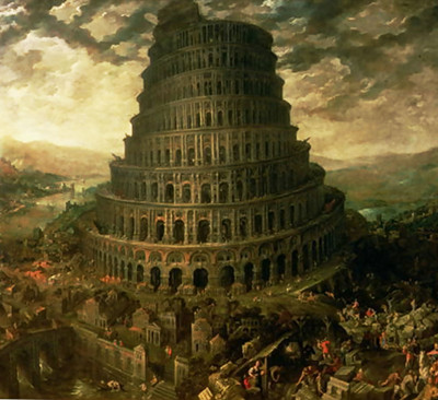 Historisches Gem&auml;lde des Turms von Babel, ein hohes, spiralf&ouml;rmiges Geb&auml;ude in einer belebten Stadtlandschaft mit vielen Personen, die verschiedene Aktivit&auml;ten ausf&uuml;hren, unter einem dramatisch bew&ouml;lkten Himmel.