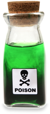 Kleine Glasflasche mit Korken, gef&uuml;llt mit einer gr&uuml;nen Fl&uuml;ssigkeit, versehen mit einem Etikett, das ein Totenkopf-Symbol zeigt und das Wort "Gift" darauf.