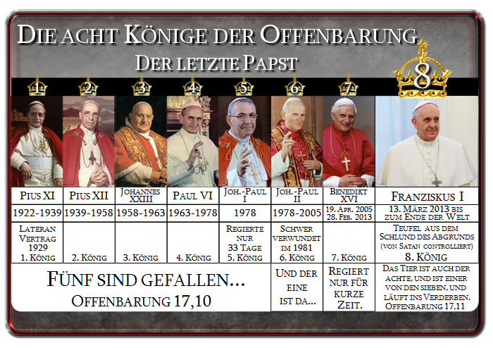 Bildmontage zeigt Portr&auml;ts von acht P&auml;psten der katholischen Kirche, mit Titel "Die acht K&ouml;nige der Offenbarung, Der letzte Papst". Die P&auml;pste sind in roten oder wei&szlig;-goldenen Gew&auml;ndern dargestellt mit Namen und Amtszeiten von links nach rechts: Pius XI, Pius XII, Johannes XXIII, Paul VI, Johannes Paul II, Johannes Paul II, Benedikt XVI und Franziskus I. Unter den Bildern sind kurze Informationen zu ihren Amtszeiten gegeben, einschlie&szlig;lich biblischer Prophezeiungen und symbolischer Darstellungen.