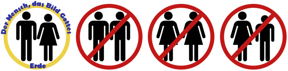 Vier Icons in einer horizontalen Anordnung, die menschliche Figuren innerhalb von roten Verbotsschildern zeigen. Das erste Icon zeigt einen Mann und eine Frau ohne Verbotsschild, umgeben von einem gelben Kreis mit dem Text "Der Mensch, das Bild Gottes. Erde". Die folgenden drei Icons zeigen jeweils einen Mann und eine Frau innerhalb eines roten Verbotsschilds mit durchgestrichener Linie, was ein Verbot symbolisiert.