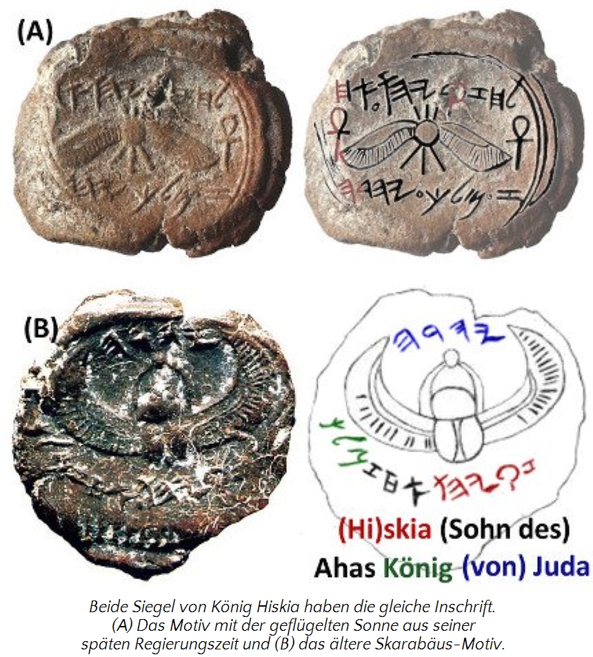 Zwei antike Siegelsteine mit eingravierten Symbolen und Inschriften. Das obere Bild zeigt zwei Siegel: eines mit einer gefl&uuml;gelten Sonne und hieroglyphen&auml;hnlichen Zeichen, das andere mit &auml;hnlichen Symbolen und zus&auml;tzlichen Annotationen in moderner Schrift. Das untere Bild zeigt ein abgenutztes Siegel mit einem schwer erkennbaren Muster, m&ouml;glicherweise einem K&auml;fer &auml;hnlich einem Skarab&auml;us, welches typisch f&uuml;r historisch-religi&ouml;se Darstellungen ist.