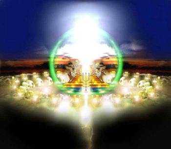 Ein illustriertes Bild zeigt eine leuchtende Kugel vor einem Hintergrund, der eine gemischte Darstellung aus Himmel und Erde zu sein scheint. In der Mitte der Kugel ist ein helles Licht, das von zwei symmetrischen, goldfarbenen Figuren flankiert wird, umgeben von vielen kleinen, leuchtenden Objekten.