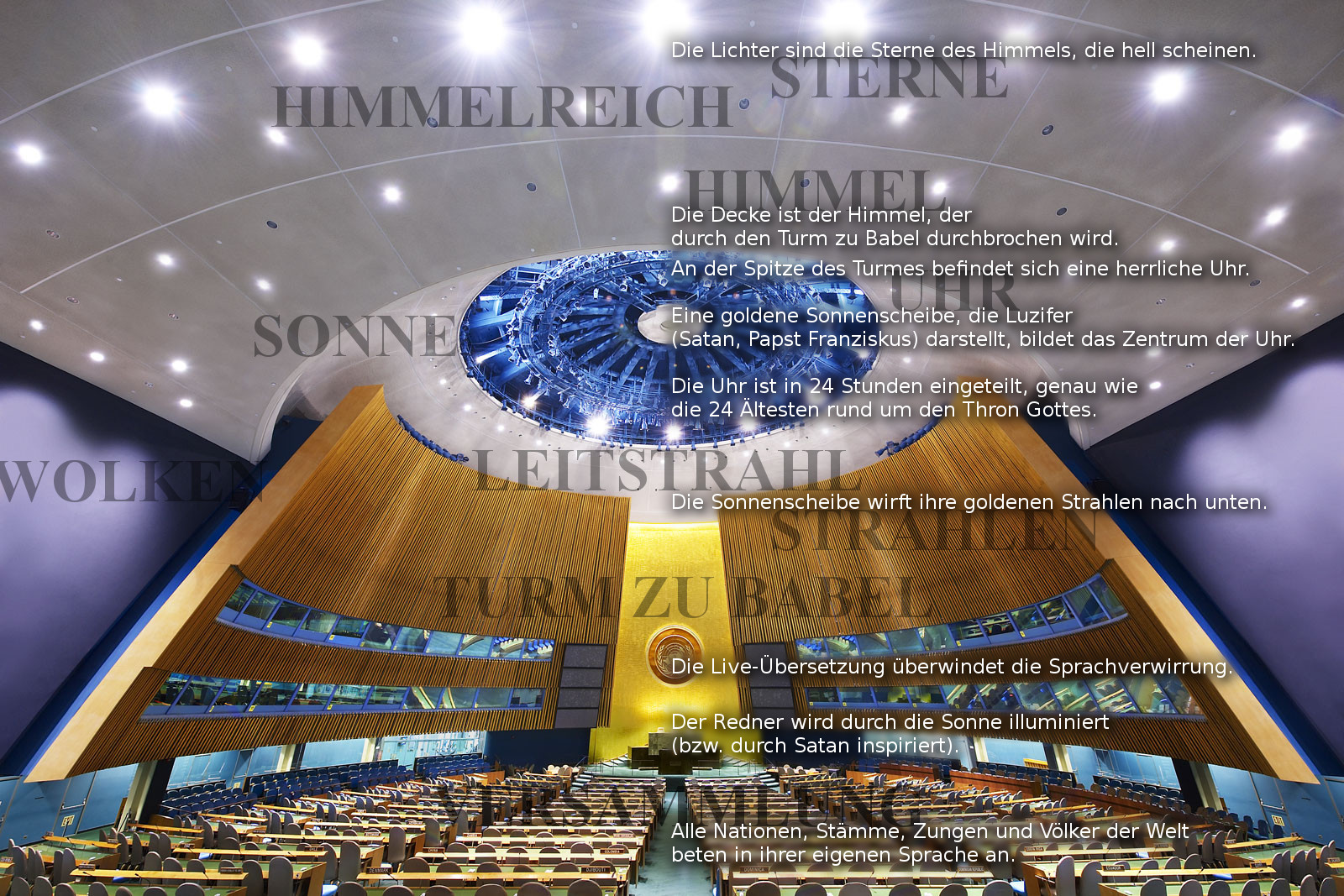 Modernes Auditorium mit gew&ouml;lbten, sternenlicht&auml;hnlichen Deckenleuchten und einem zentralen, turmf&ouml;rmigen Struktur mit einer leuchtenden, kreisf&ouml;rmigen Installation, die an einen Sternenhimmel erinnert.