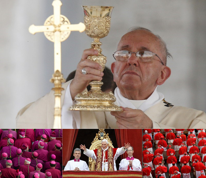 Ein Collagenbild, das verschiedene Szenen aus religi&ouml;sen Zeremonien zeigt. Im oberen Bild hebt ein Geistlicher in wei&szlig;em Gewand einen verzierten goldenen Kelch hoch. Die unteren Bilder zeigen zwei Szenen mit Geistlichen in roten und wei&szlig;en Gew&auml;ndern w&auml;hrend feierlicher Anl&auml;sse, einer davon auf einem goldenen Thron winkend.