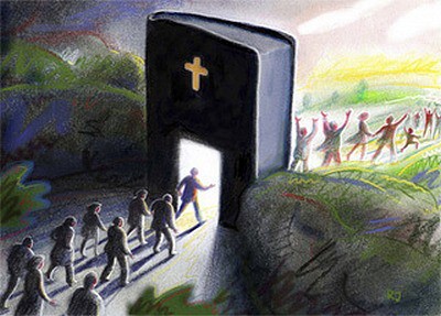 Illustration eines schwarzen, T&uuml;r-f&ouml;rmigen Steins mit einem Kreuz oben, aus dem ein helles Licht scheint, w&auml;hrend eine Gruppe Menschen hineingeht. Eine andere Gruppe jubelt auf der rechten Seite bei Sonnenaufgang.