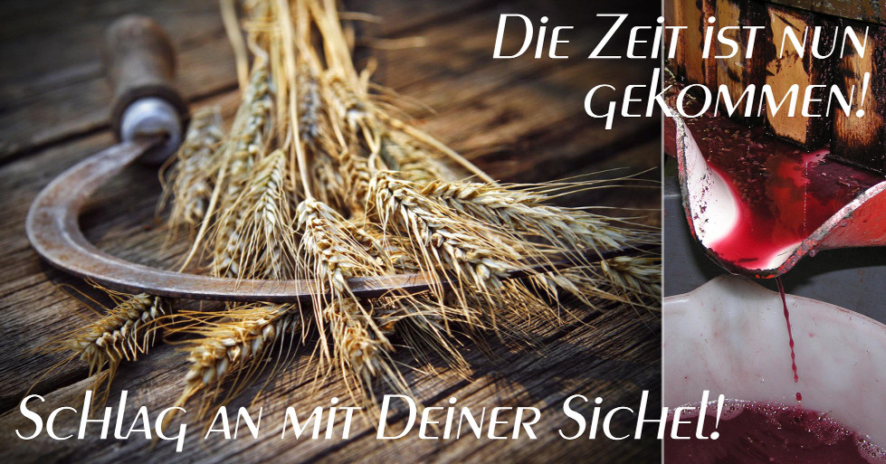 Ein Bild, das geteilt ist: links sieht man geb&uuml;ndelte Weizen&auml;hren und eine antike Sichel auf einem Holztisch; rechts wird Wein in ein Becken gegossen, darunter Text "Schlag an mit Deiner Sichel! Die Zeit ist nun gekommen!".