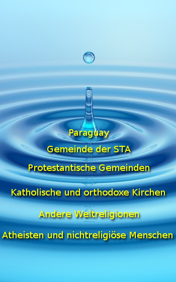 Grafische Darstellung eines Wassertropfens, der in ruhiges Wasser f&auml;llt und konzentrische Kreise bildet, mit Text &uuml;ber verschiedene religi&ouml;se und nichtreligi&ouml;se Gruppen in Paraguay.