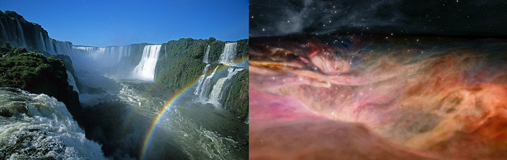 Auf der linken Seite ist ein Bild von majest&auml;tischen Wasserf&auml;llen mit einem Regenbogen &uuml;ber einem Fluss zu sehen. Auf der rechten Seite ist eine detaillierte Aufnahme einer kosmischen Nebelstruktur, die in vielf&auml;ltigen Farben leuchtet, unter einem sternklaren Himmel.