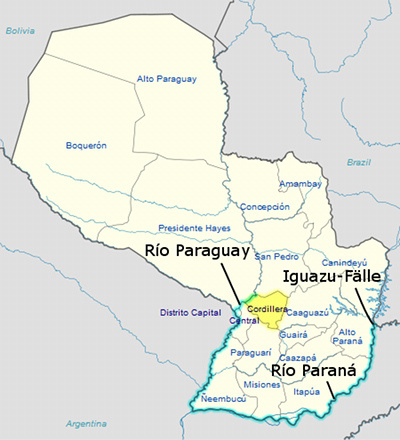 Karte von Paraguay mit Hervorhebung der topografischen Merkmale und regionalen Grenzen. Fl&uuml;sse wie der Rio Paraguay und Rio Paran&aacute; sind sichtbar, begleitet von Namen verschiedener Departements wie Alto Paran&aacute; und Presidente Hayes.