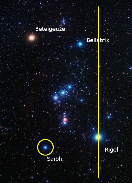 Ein Weltraumfoto, das vier markante Sterne zeigt: Betelgeuse, Bellatrix, Rigel und Saiph, die Teile des Mazzaroth sind. Eine gelbe Linie trennt das Bild vertikal.