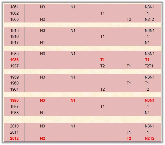 Visuelle Darstellung eines Datenschemas in einem Rasterformat mit Jahren und zugeh&ouml;rigen Kodierungen in verschiedenen Zellen, farblich abgestuft in Rosa- und Rott&ouml;nen zur Hervorhebung bestimmter Jahre. Elemente wie "N1", "N2", "T1", und "T2" sind ordentlich in den Zellen arrangiert.