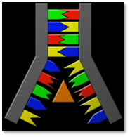 Grafische Darstellung der Mazzaroth in einem stilisierten, symmetrischen Kunstwerk, das farbige Pfeilsymbole in Gr&uuml;n, Blau, Rot und Gelb gegen einen schwarzen Hintergrund zeigt und von zwei grauen S&auml;ulen flankiert wird.