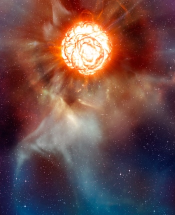 Wissenschaftliches Bild einer leuchtenden Sternenformation, umgeben von kosmischen Gaswolken in Rot- und Blaut&ouml;nen, das die Sch&ouml;nheit des Universums zeigt.