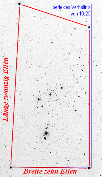 Ein astronomisches Schwarz-Wei&szlig;-Bild, das verschiedene Sterne in einem kosmischen Feld zeigt. Ein roter Rechteckrahmen kennzeichnet Ma&szlig;e mit der Beschriftung "L&auml;nge zwanzig Ellen, Breite zehn Ellen, perfektes Verh&auml;ltnis von 10:20".