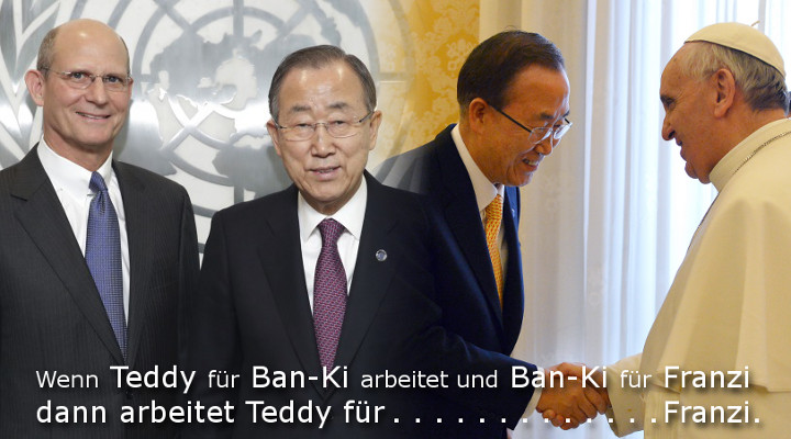 Drei führende Persönlichkeiten in formeller Kleidung begrüßen sich bei einem Treffen. Links steht ein kahlköpfiger Mann in einem dunklen Anzug, in der Mitte ein asiatischer Herr in einem dunklen Anzug, und rechts begrüßt der Mann in einer weißen Robe den Mann in der Mitte per Handschlag. Hinter ihnen befindet sich ein großes Emblem an der Wand.