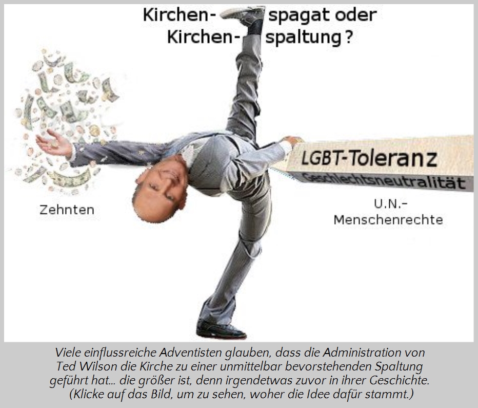 Grafische Darstellung eines Mannes in Anzug, der eine artistische Pose ausf&uuml;hrt, wobei er auf einem Balken balanciert. Der Balken ist beschriftet mit "LGBT-Toleranz" und "Geschlechtsneutralit&auml;t" auf einer Seite, und "U.N.-Menschenrechte" auf der anderen. &Uuml;ber dem Mann schweben fliegende Geldscheine, unter ihm steht das Wort "Zehnten".