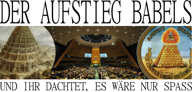 Ein Triptychon-Bild. Links eine k&uuml;nstlerische Darstellung des Turmbaus zu Babel, Mitte ein moderner Versammlungssaal von innen mit einer halbrunden Bestuhlung und einem Deckensternfenster, rechts ein Symbol mit einer Pyramide und einem dar&uuml;ber schwebenden Auge, umgeben von lateinischen Inschriften.