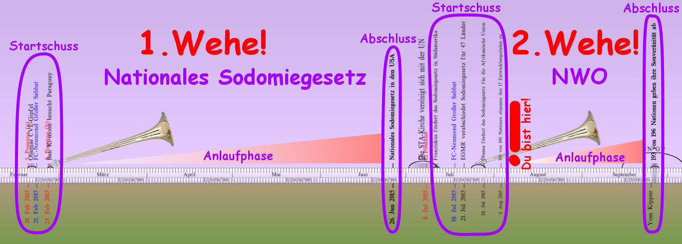 Ein grafisches Diagramm zeigt zwei gro&szlig;e Trompeten, umgeben von Farbb&auml;ndern mit Daten und deutschen Texten, die verschiedene Zeitperioden darstellen, unterteilt durch gro&szlig;e Textbl&ouml;cke: "1. Wehe! Nationales Sodomiegesetz" und "2. Wehe! NWO". Der Hintergrund ist in sanften Lila- und Rosat&ouml;nen gehalten, dar&uuml;ber ein verlaufender Himmel.