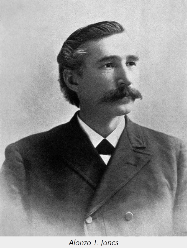 Historisches Portr&auml;t von Alonzo T. Jones, einem Mann in formeller Kleidung des sp&auml;ten 19. Jahrhunderts, mit markantem Schnurrbart und akkurat gestyltem Haar.